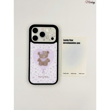 小熊紫碎花適用蘋果16/17Pro手機殼11iPhone15黑框14創意13鏤空12