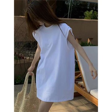 (免運)十三行寬松廓版中長款無袖白T恤裙 設計款夏季純棉背心裙休閑長裙