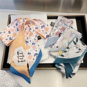 絲巾復古女綁發網紅發帶蝴蝶結飄帶法式碎花小長條扎頭發的絲帶女