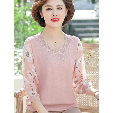 媽媽秋裝洋氣紗袖中年女T恤上衣