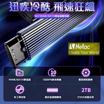Netac 台灣公司貨 急速散熱M.2 SSD NVMe/SATA 轉Type C外接盒 支援NGFF/NVMe 雙協議