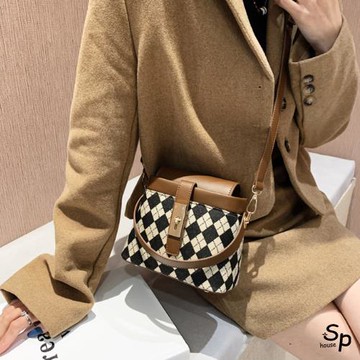 【Sp house】菱格千鳥豹紋女士手提側肩包斜背包水桶包(3款可選)