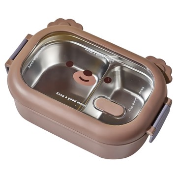 可愛小熊不鏽鋼保溫飯盒 分隔設計  咖啡色  1個