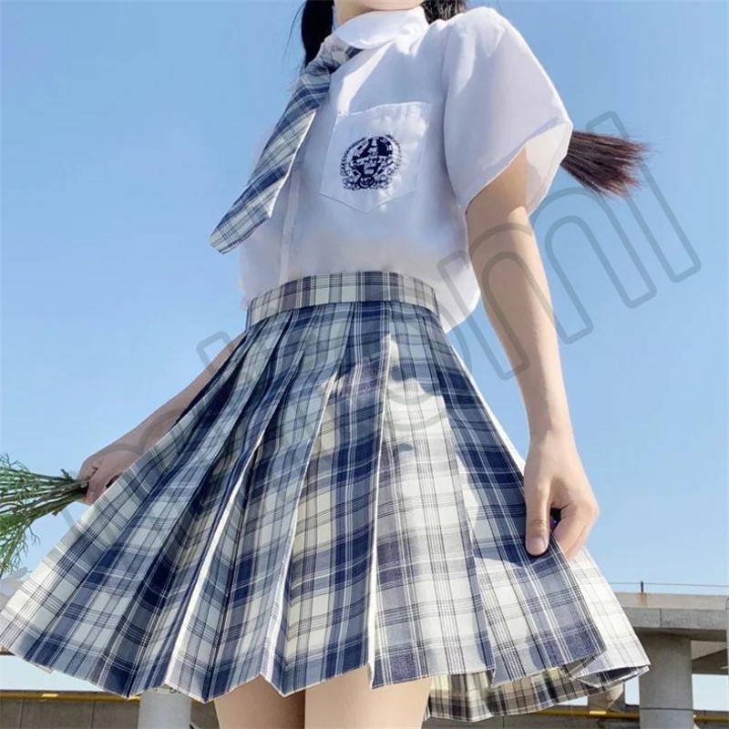 130 スカート 制服 JK チェック リボン ２点セット ブルー 韓国 - スカート