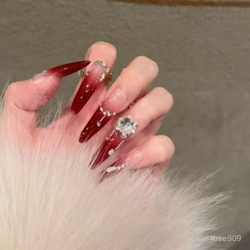 💥新年戰甲❤️現貨 隔日達【長水滴雪花鑽】秋冬新年紅純手工輕奢穿戴甲爆閃重工韆金顯白長指甲貼片美甲手工穿戴甲