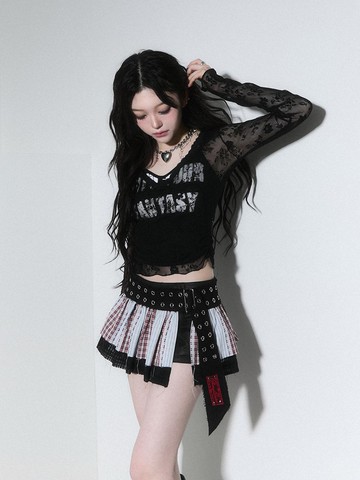 Seethrough V Neck Shirring Sleeve T-Shirt [Black]
