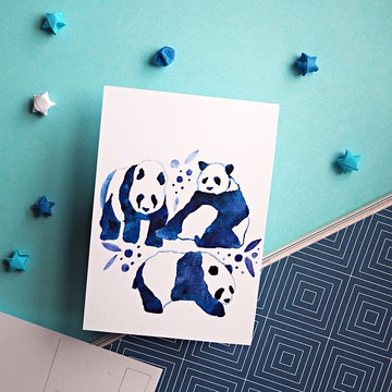 水彩熊貓明信片