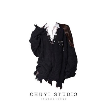 現貨！國潮灰色設計感破爛上衣小個子長袖針織外套秋冬麻花毛衣