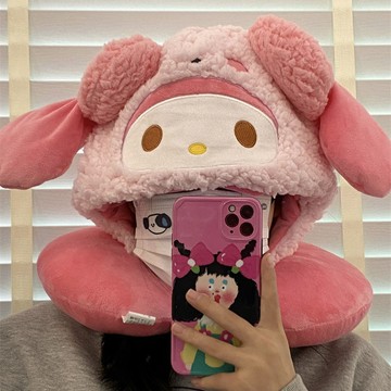 連帽U型枕🎀 新款卡通可愛玉桂狗布丁狗U型枕帶帽子護頸枕學生午睡枕助眠遮光