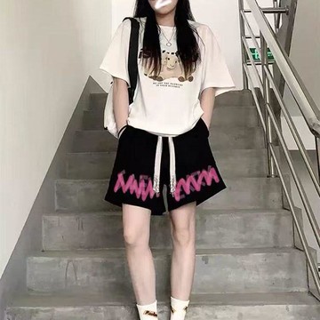 多巴胺個性印花夏季潮牌運動短褲寬鬆休閒ins五分褲褲子休閒短褲 寬褲女 薄款短褲