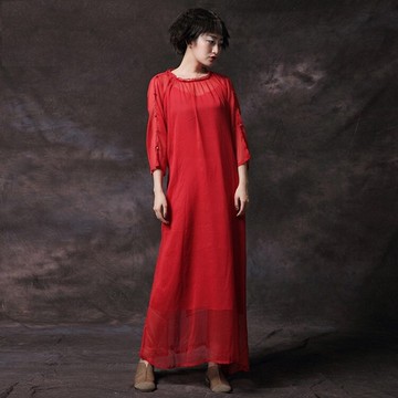 現貨+預購 連身裙七分袖洋裝連衣裙-花邊圓領腰部繫帶女長裙2色73vu32【獨家進口】【米蘭精品】