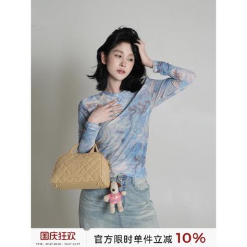吳童童藍色扎染網紗長袖T恤女秋季新款韓系修身百搭圓領罩衫上衣