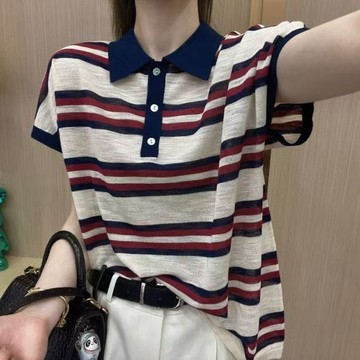 時尚撞色T恤 上衣 T恤 條紋上衣 夏季新款短袖Polo衫女條紋翻領撞色上衣顯瘦T恤 大尺碼衣服 韓版女裝 夏日服飾
