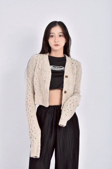 (S) vegetable修身短版羊毛排扣針織杏色外套