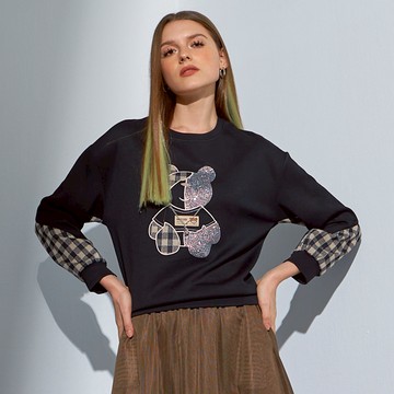 CLL巧玲瓏 格紋拼接燙鑽小熊棉T 1343807