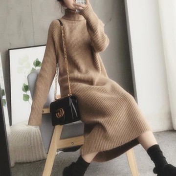 高領毛衣女中長款秋冬季2025年新款配大衣針織打底過膝加絨連衣裙
