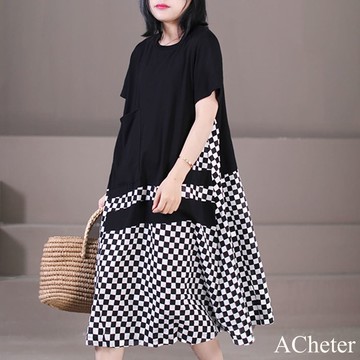 【ACheter】韓版寬鬆顯瘦下擺拼中長款格紋短袖洋裝# 112706(現貨+預購)