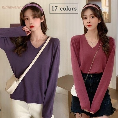Tシャツ 長袖 レディース ニット 薄手 長袖tシャツ 無地tシャツ Vネック ニットtシャツ きめ細かい カットソー 重ね着 無地 トップス 通販 Lineポイント最大get Lineショッピング