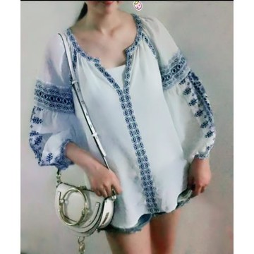 品質原單J家波西米亞民族風燈籠袖清爽刺繡印花拼接真絲套頭衫