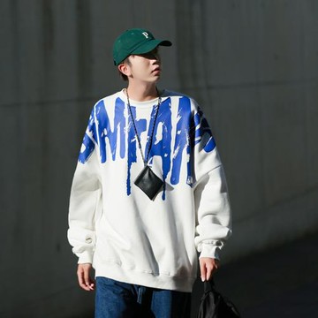 圓領衛衣男chic港風寬松印花外套大碼休閑套頭衣服秋季男款上衣潮