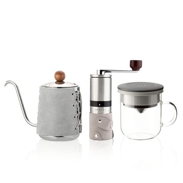 PO:Selected｜丹麥手沖咖啡三件組(咖啡壺-灰/玻璃杯350ml-黑灰/咖啡磨2.0)