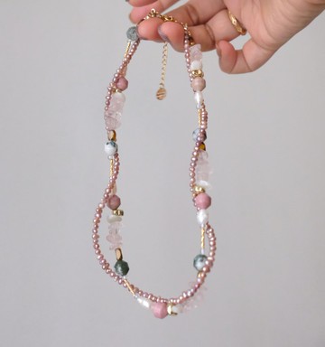 紫色淡水珍珠 樹紋瑪瑙 紅木紋瑪瑙 粉晶 頸鏈