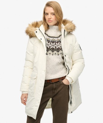 Superdry Women's Everest Faux Fur Parka Coat White Size: 4