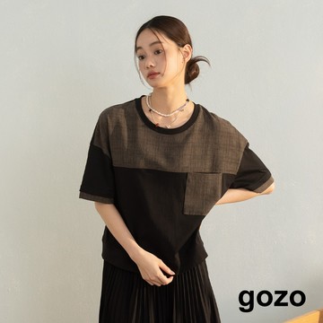 【gozo】異材質拼接口袋造型涼感T恤(黑色/淺卡其_F) | 女裝 圓領 涼感