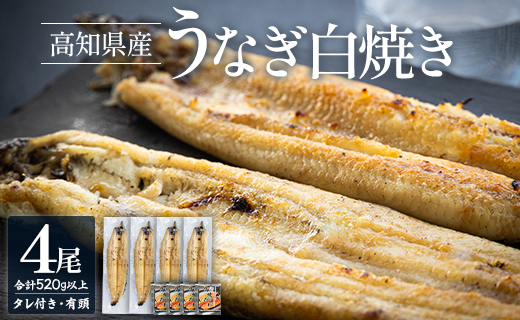 高知県産うなぎの白焼き 130～150ｇ×4尾 エコ包装 国産 うなぎ 白焼き 鰻 冷凍 高知 yw-0053