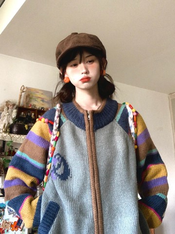 美式復古撞色條紋毛衣女慵懶秋冬新款針織開衫設計感拉鏈寬松外套【淘夢屋】
