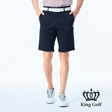 【KING GOLF】網路獨賣款-男款LOGO燙標口袋造型立體剪裁彈性休閒短褲/高爾夫球褲-藍色