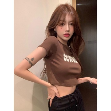 臺灣/✨短袖 t恤小衆高街美式復古辣妹短袖t恤女夏季修身顯瘦高腰露臍短款上衣潮