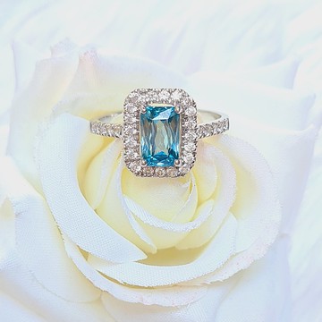 天然藍色鋯石配白色鋯石純銀鍍鉑戒指