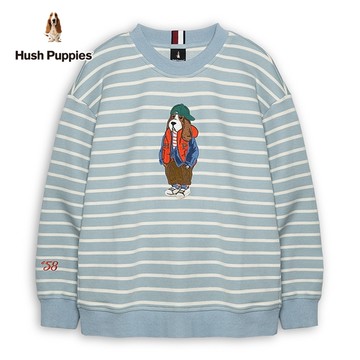 Hush Puppies 上衣 男裝簡約橫條紋美式休閒棒球帽狗寬鬆版長袖上衣