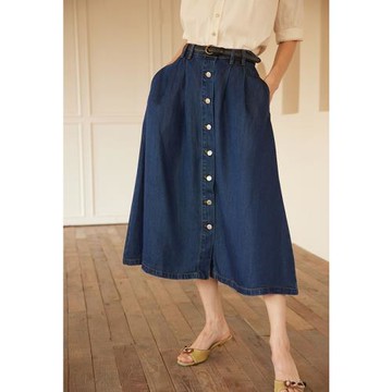 天絲中長款一排扣復古牛仔半身裙