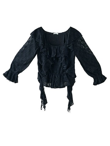 蕾絲下擺荷葉邊飄帶上衣(0S000014600) - earth music&ecology