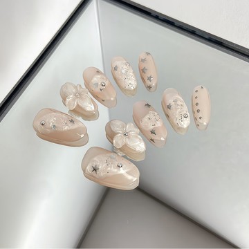 💖Hannah💖新版限定腮紅甜美手穿戴甲美甲僊女款裸粉透色立體花朵星星閃鑽溫柔風甲片中款2026新款上新MJ11