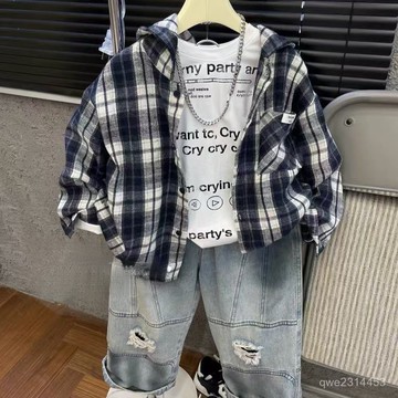 男童秋裝兒童春秋款韓版潮流格子設計休閒中大童寬鬆襯衫連帽外套 長袖襯衣 男童學院風襯衫 襯衫韓版 兒童開衫 翻領外套