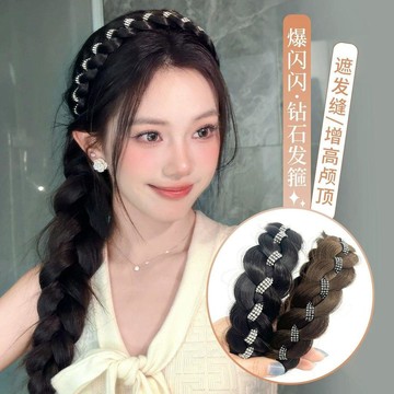 臺灣嚴選磁吸魚骨假髮髮箍女亮鑽編髮魚骨麻花辮高顱頂頭飾遮發縫假髮飾