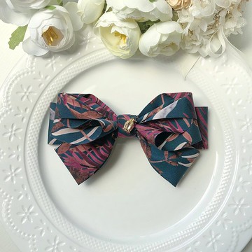 水墨暗色系花草氣質大款蝴蝶結彈夾髮夾-深藍綠色