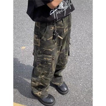 春秋迷彩工裝休閑褲男士戶外森林闊腿直筒長褲子高街hiphop潮牌男