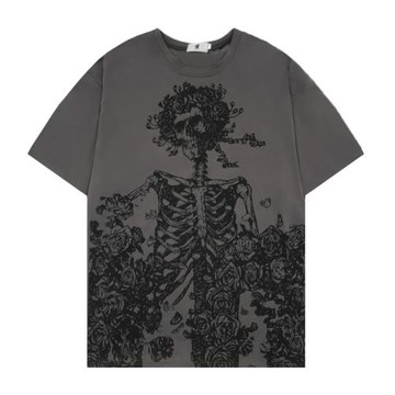 潮暗黑系復古頹廢風短袖玫瑰印花