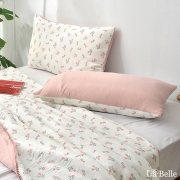 【Great Living格蕾寢飾】義大利La Belle 粉粉丁香 日系親膚純棉水洗雙層泡泡紗信封枕套--2入