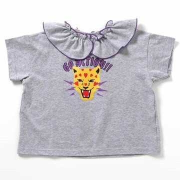 日本 BREEZE - 100%棉 可愛領口印花短袖-花豹-灰