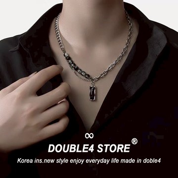 【DOUBLE4】黑爆珠長方寶石 古巴項鍊 韓系 手鍊男 蹦迪 穿搭 男項鍊 手鍊 鋼項鍊 男女 鋼手鍊 鈦鋼【C9