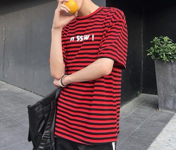 FINDSENSE MD 韓國 時尚潮 男 創意 特色 圓領 條紋 字母印花 寬鬆 短袖T恤 特色短T