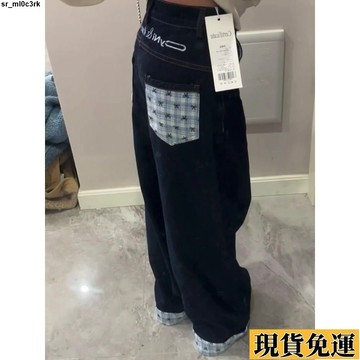 🚛限時低价🚛 美式復古蝴蝶結格子牛仔褲女春夏新款高腰寬鬆拼接卷邊闊腿拖地褲