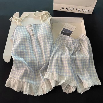 【臺灣出貨 免運】網紅ins睡衣女款吊帶短褲藍色格子夏季帶胸墊女裝其它制服套裝