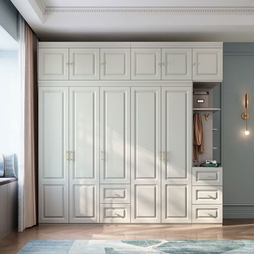 林氏木業北歐簡約純白金色把手五門衣櫃JO12D(附掛衣邊櫃及頂櫃)-(H014369225)