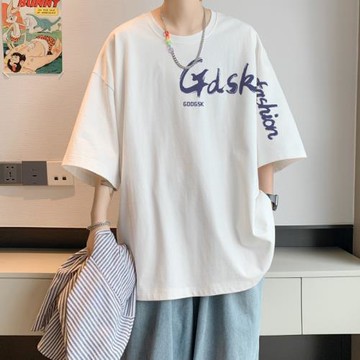 夏季冰絲涼感短袖T恤男美式潮牌半袖寬松字母體恤情侶純棉打底衫